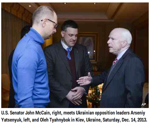 U.S. Senator John McCain, right, meeting Ukrainian opposition leaders Arseniy Yatsenyuk, left, and Oleh Tyahnybok in Kiev, Ukraine, Saturday, 14December2013