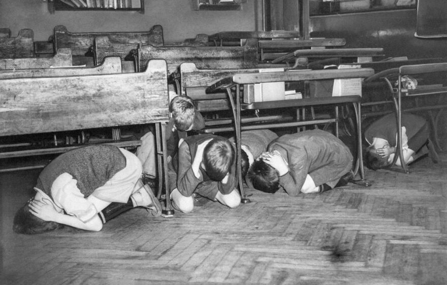 WWII London school children in the midst of an air raid drill