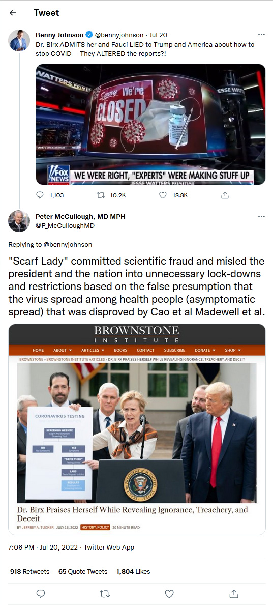 Benny Johnson-tweet-20July2022-Dr. Birx ADMITS her and Fauci LIED to Trump and America about how to stop COVID