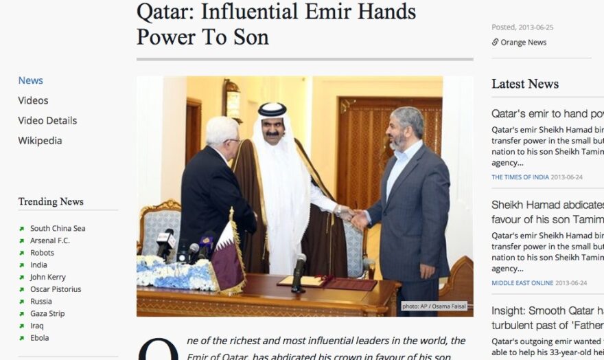 FUNDING AL JAZEERA AMERICA—AND TERROR: The Emir of Qatar in 2012 with the PA’s Mahmoud Abbas (left) and Hamas leader Khaled Meshaal. (screenshot: World News Network)