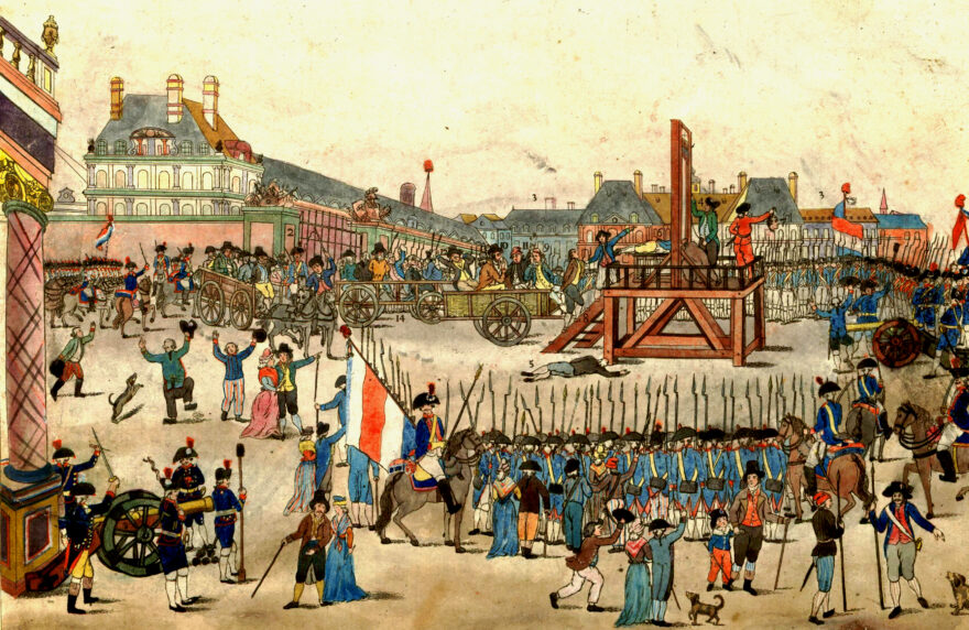 The execution of Robespierre and his supporters on 28 July 1794. Note: the beheaded man (6) is not Robespierre, but Couthon: Maximilien Robespierre (10) is shown sitting on the cart, dressed in brown, wearing a hat, and holding a handkerchief to his mouth. His younger brother Augustin (8) is being led up the steps to the scaffold.