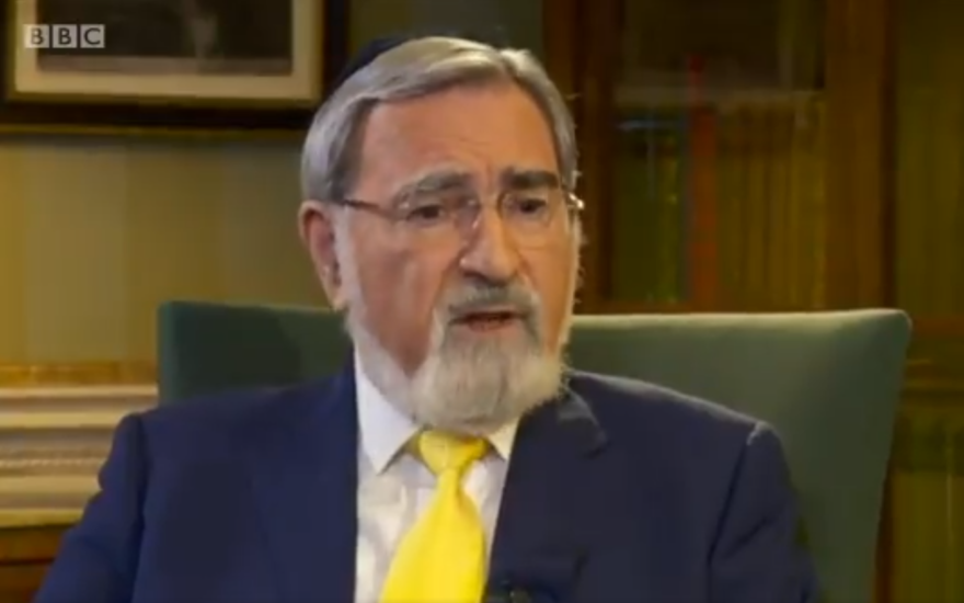 Former UK Chief Rabbi Jonathan Sacks in an interview with BBC on September 2, 2018. (Screenshot: Twitter)