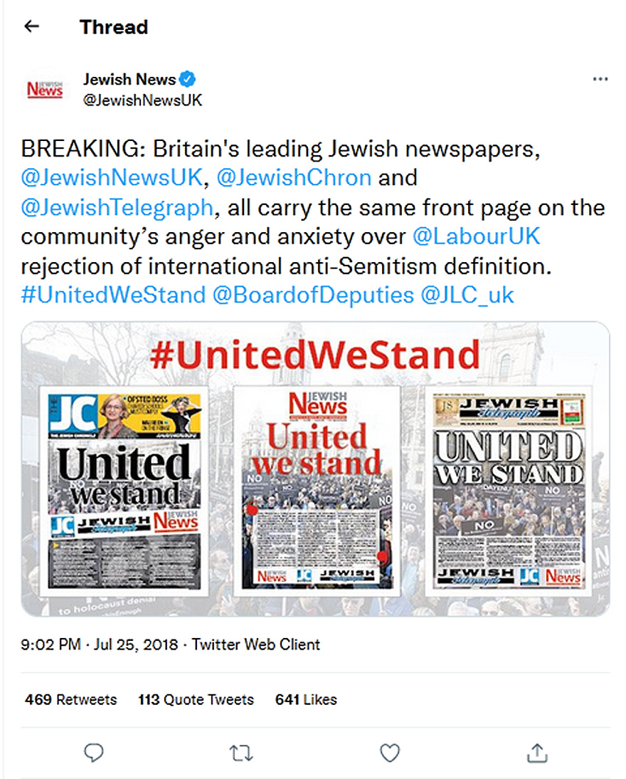 Jewish News-tweet-25July2018-Britain's leading Jewish newspapers all carry the same front page