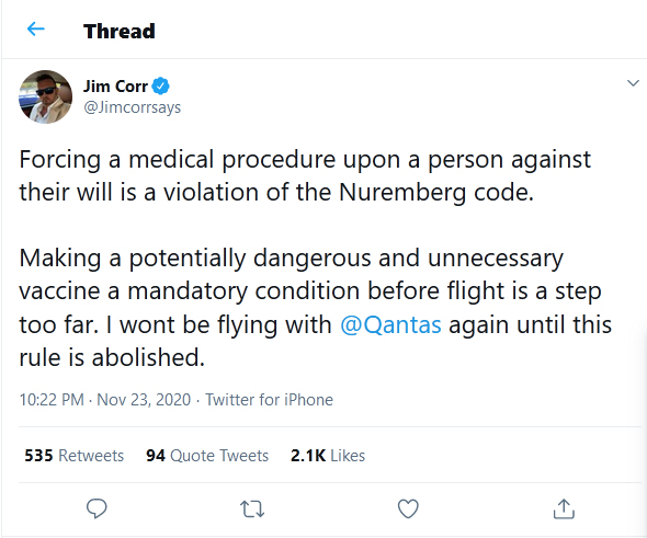 Jim Corr-tweet-23November2020-Qantas violation Nuremberg