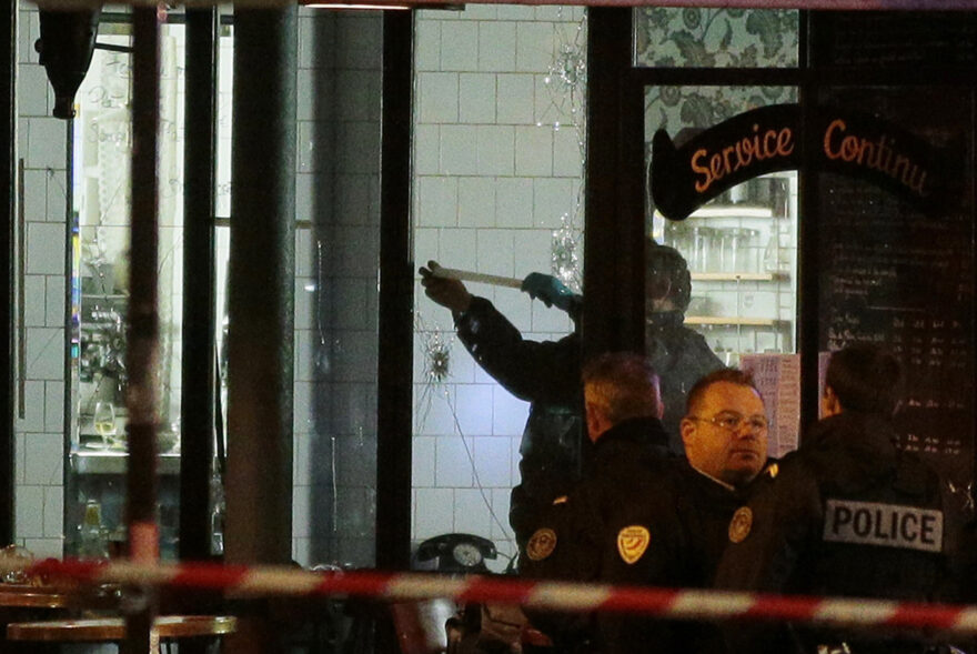Forensic police search for evidences inside the La Belle Equipe cafe, rue de Charonne, at the site of an attack on November 14, 2015 in Paris, after a series of gun attacks occurred across the city. More than 100 people were killed in a mass hostage-taking at a Paris concert hall and many more were feared dead in a series of bombings and shootings, as France declared a national state of emergency. AFP PHOTO / JACQUES DEMARTHON (Photo credit should read JACQUES DEMARTHON/AFP/Getty Images)