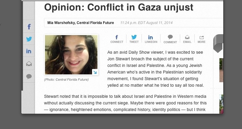 RAINWASH VICTIM: Mia Warshofsky, a 19-year-old Jewish college student in Florida who is organizing boycotts of Israel, has never been there. Why bother, when she can rely on Western media outlets for her knowledge. (screenshot: Central Florida Future)
