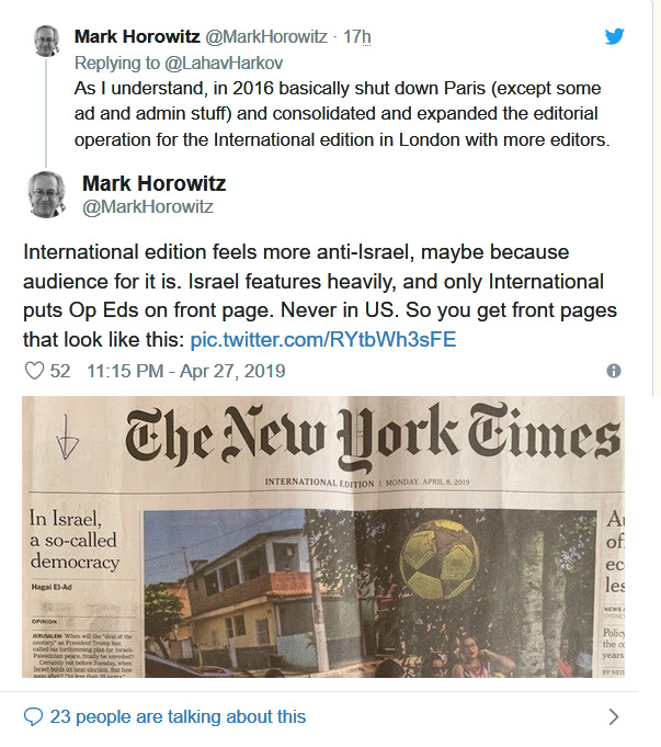 Mark Horowitz-tweet-27April2019-International edition feels more anti-Israel