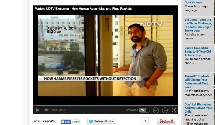 ROOM WITH A VIEW: Reporter for India’s NDTV shows viewers a blue tent outside his hotel where Hamas terrorists assembled a rocket