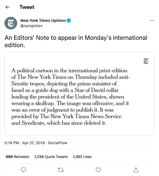 New York Times Opinion-tweet-27April-2019-An Editors Note to appear in Monday’s international edition