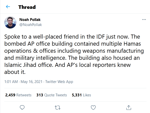 Noah Pollak-tweet 16May2021 IDF bomb Gaza AP office