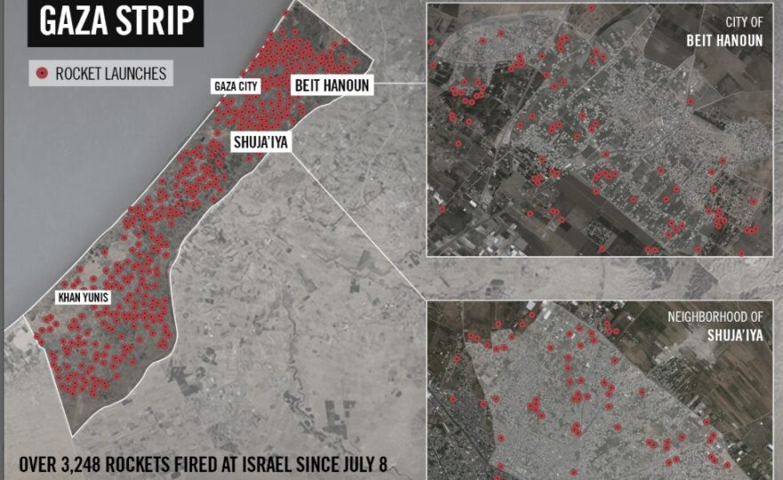 BLOOD CELLS EVERYWHERE: An IDF map of the locations of rockets launched from Gaza from July 8th to August 4th. (Still awaiting a map from Hamas, in case the terrorist group disagrees.)