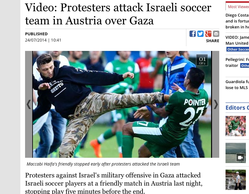 WELCOME TO BISCHOFSHOFEN:<br /> Anti-Israeli protesters stormed a soccer field recently in the Austrian town of Bischofshofen to attack Israeli players—one of whom was kicked in the chest. (screenshot: Irish Independent)