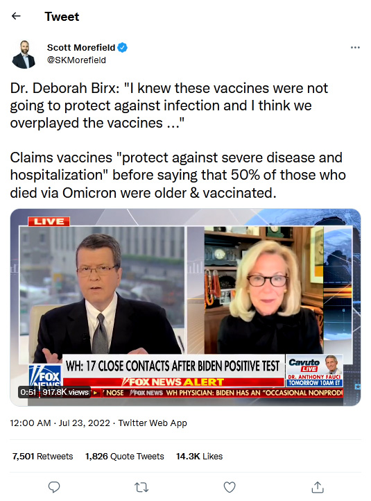 Scott Morefield-tweet-22July2022-Dr. Deborah Birx-I knew these vaccines were not going to protect against infection