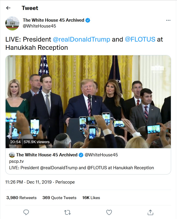 The White House 45 Archived-tweet-11December2019-Hanukkah Reception