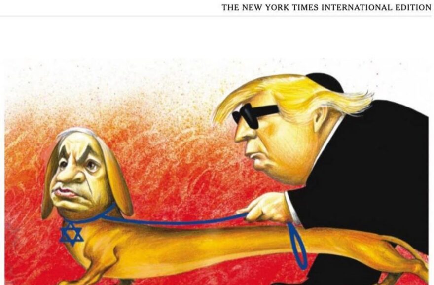 Bibi Netanyahu, with a large Star of David around his neck, is a seeing eye dog leading a blind Donald Trump.