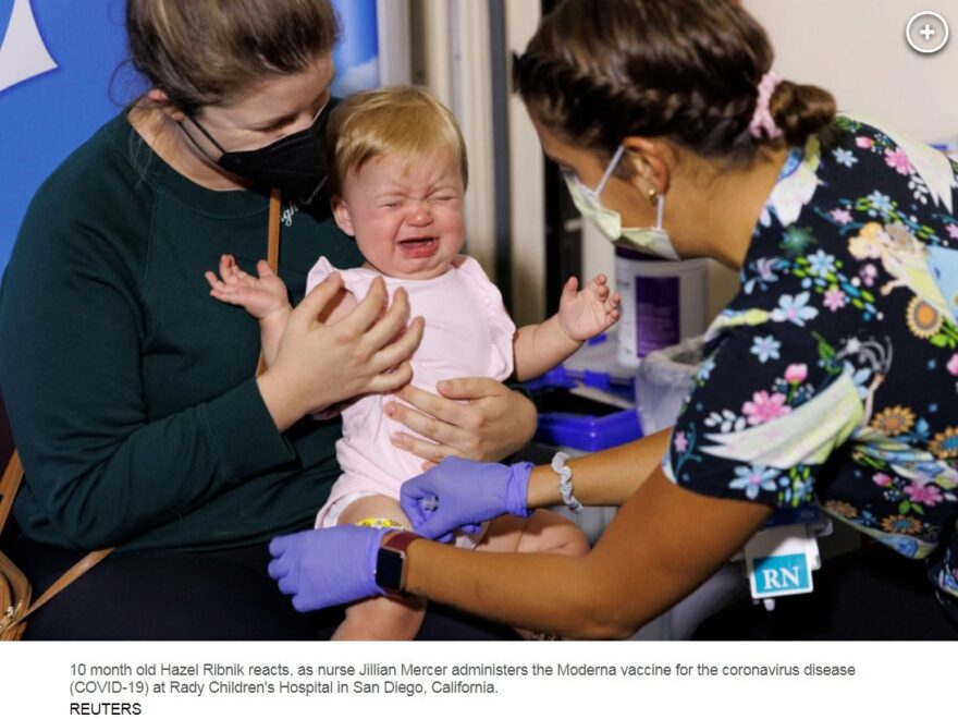 10 month old Haxel Ribnik reacts, as nurse Jillian Mercer administers the Moderna vaccine for the coronavirus disease (COVID-19) at Rady Children's Hospital in San Diego, Califronia. REUTERS