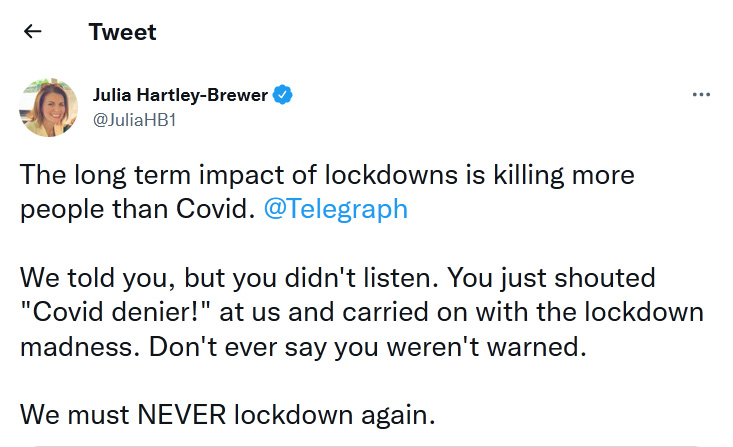 Julia Hartley-Brewer-tweet-19August2022-The long term impact of lockdowns is killing more people than Covid