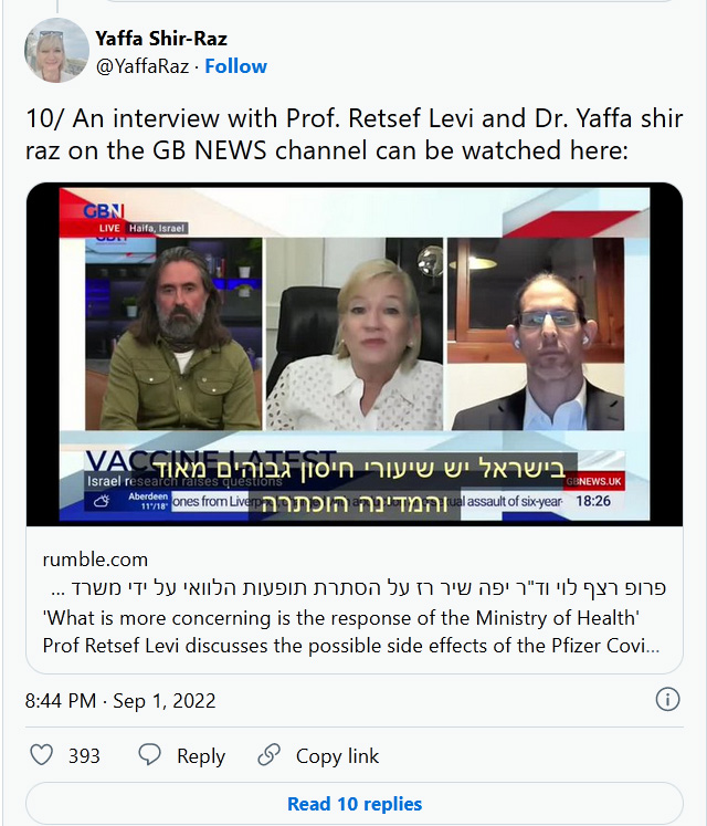 Yaffa Shir-Raz-tweet-1September2022-Israeli MoH warns 10/ An interview with Prof. Retsef Levi and Dr. Yaffa shir raz on the GB NEWS channel can be watched here