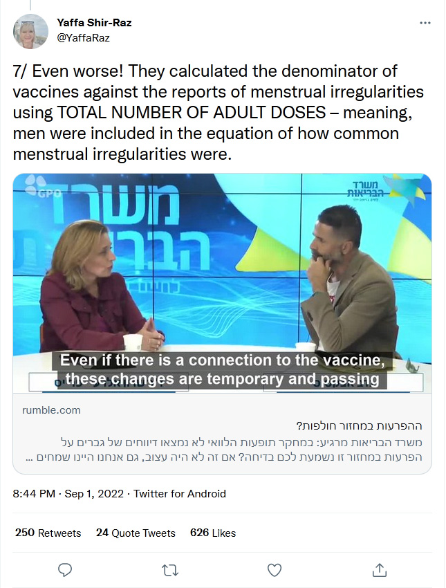 Yaffa Shir-Raz-tweet-1September2022-Israeli MoH warns 7/ Even worse! They calculated the denominator of vaccines against the reports of menstrual irregularities using TOTAL NUMBER OF ADULT DOSES