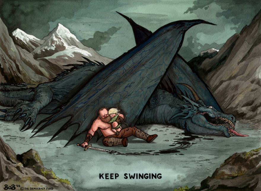 Keep Swinging-Man battling fallen Dragon
