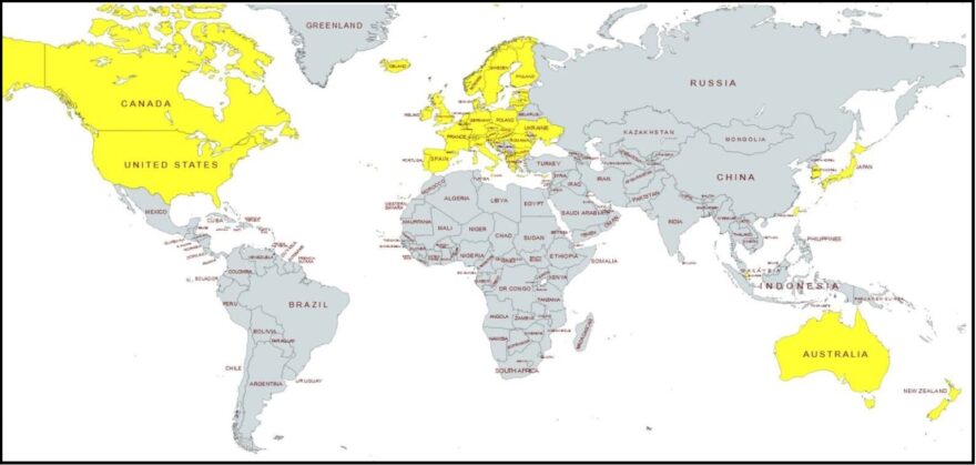 The countries in yellow have sanctioned Russia. The countries in gray have not sanctioned Russia.