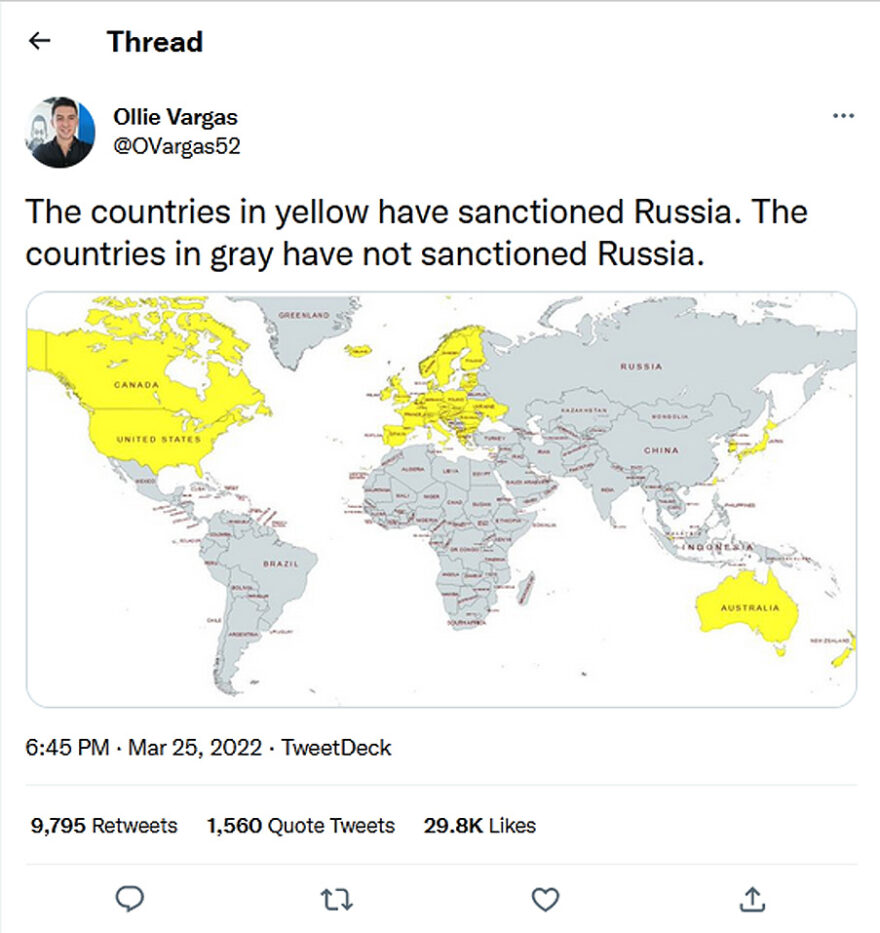 Ollie Vargas-tweet-25March2022-The countries in yellow have sanctioned Russia