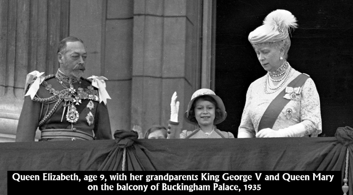 Queen Elizabeth, age 9, with her grandparents King George V and Queen Mary on the balcony of buckingham Palace, 1935