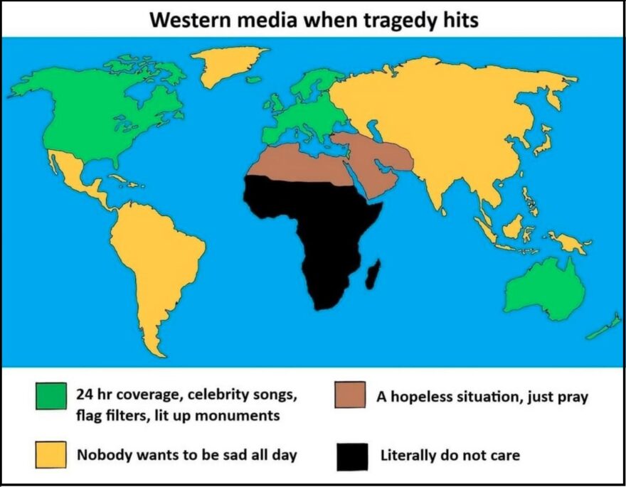 World Map of Western media when tragedy hits