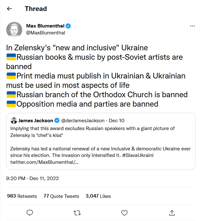 Max Blumenthal-tweet-11December2022-Ukraine Russian books music banned
