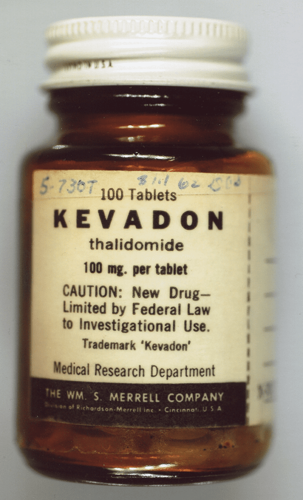 A seized bottle of thalidomide, known as Mer-30 or Kevadon in clinical trials (Photo courtesy of the US FDA)