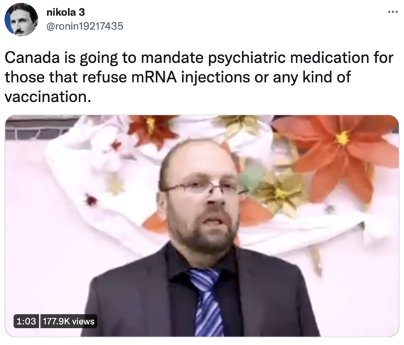 nikola 3-tweet-19November2022-Canada is going to mandate psychiatric medication for those that refuse mRNA injections or any kind of vaccination.