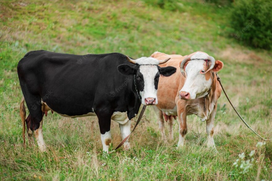 two-cows-eat-field-simmental-cow-grazes-peacefully-open-field-organic-cattle-farming_162895-324