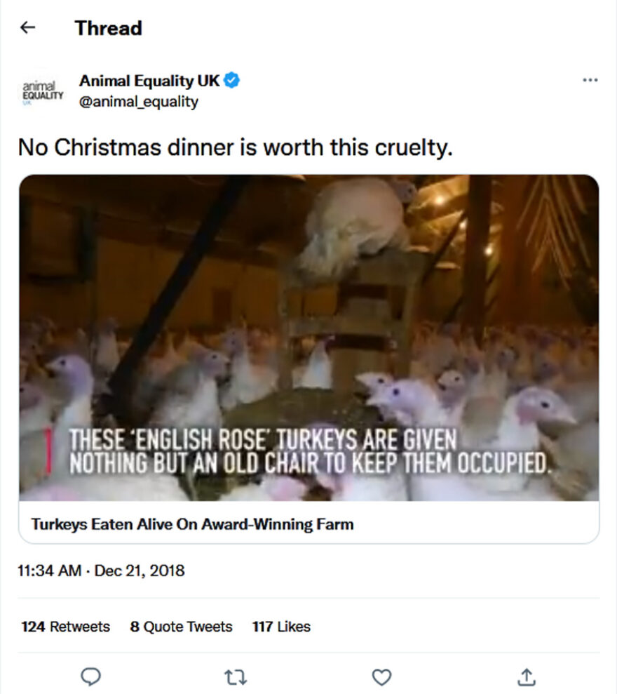 Animal Equality UK-tweet-21December2018-No Christmas dinner is worth this cruelty
