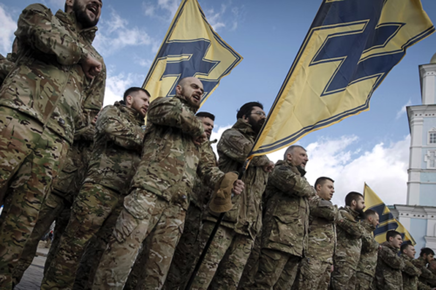 Ukrainian veterans of the Azov battalion attend a rally in Kyiv, Ukraine in 2020. NurPhoto via Getty Images