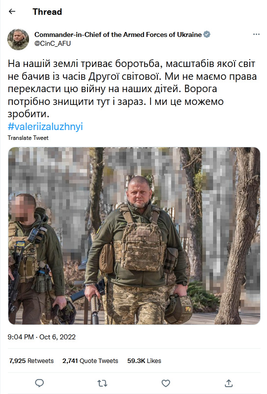 Commander-in-Chief of the Armed Forces of Ukraine-tweet-6October2022