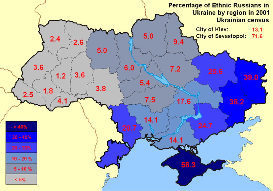 Percentage of Ethnic Russian in Ukraine by region in 2001 Ukrainian census