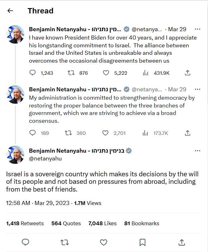 Benjamin Netanyahu-tweet-29March2023-Israel is a sovereign country