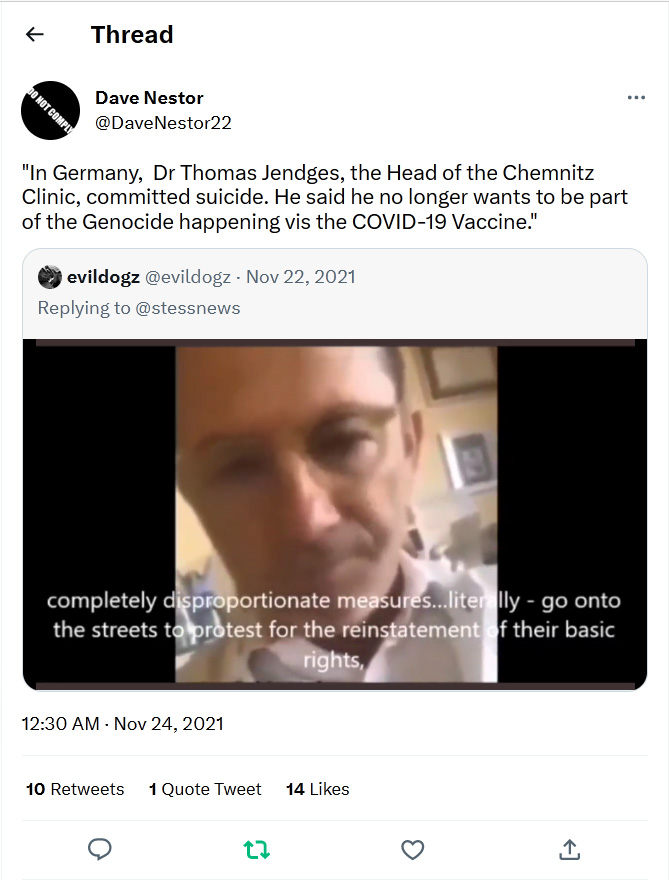 Dave Nestor-tweet-23November2021- Dr Thomas Jendges, the Head of the Chemnitz Clinic, committed suicide