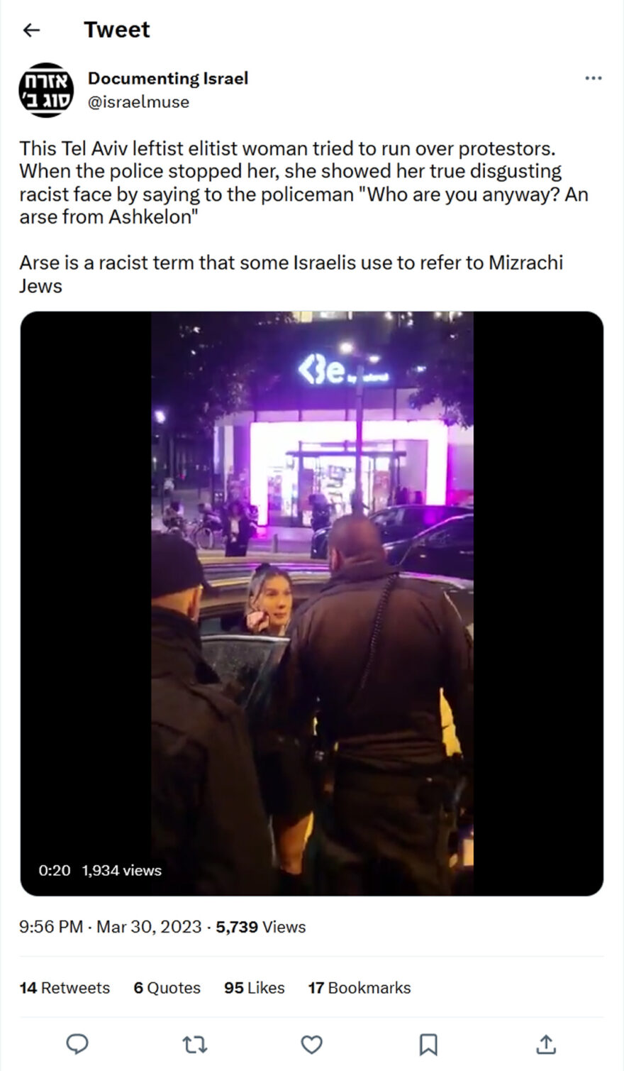 Documenting Israel-tweet-30March2023-Tel Aviv leftist elitist woman tried to run over protestors