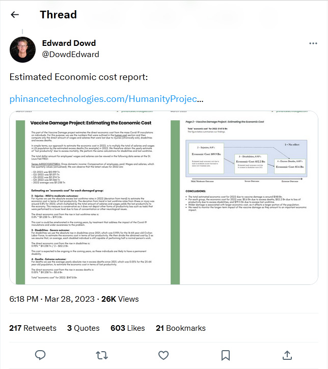 Edward Dowd-tweet-28March2023-Estimated Economic cost report