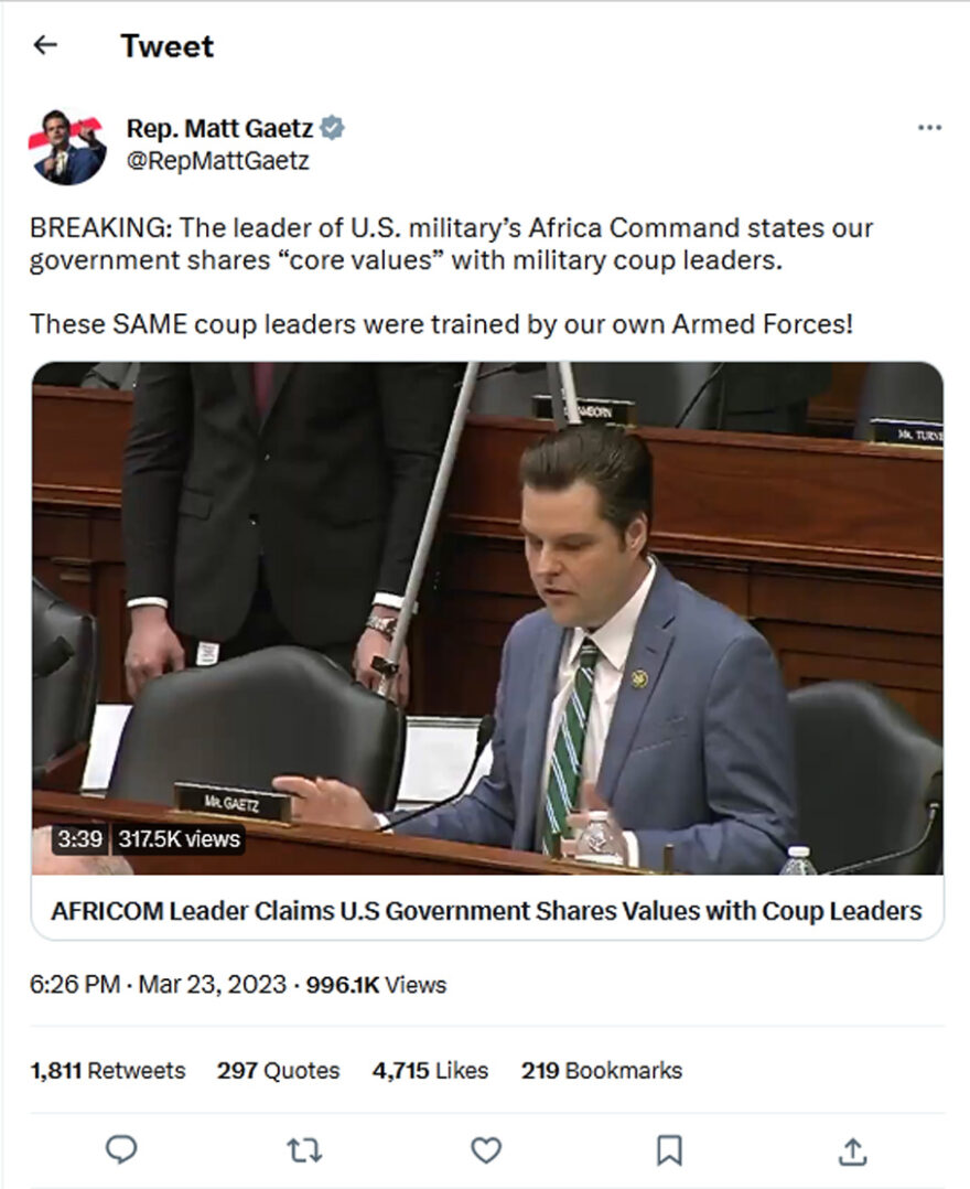 Rep. Matt Gaetz-tweet-23March2023-Africa coup leaders were trained by US Armed Forces