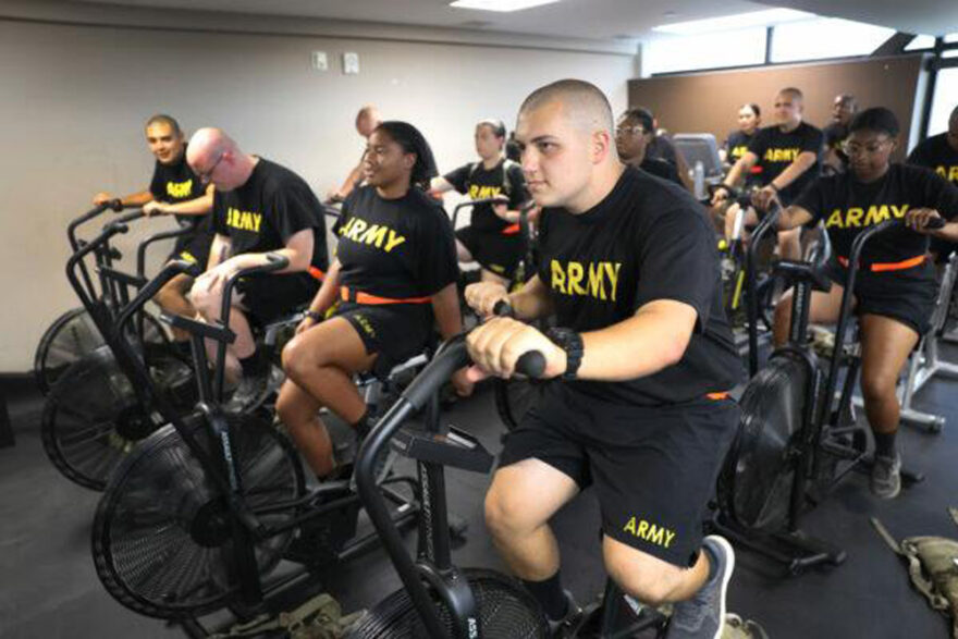 U.S. Army trainees exercise as part of a course aimed at preparing potential enlistees who don’t meet fitness or test standards at Fort Jackson in Columbia, S.C., on Sept. 28, 2022. (Scott Olson/Getty Images)