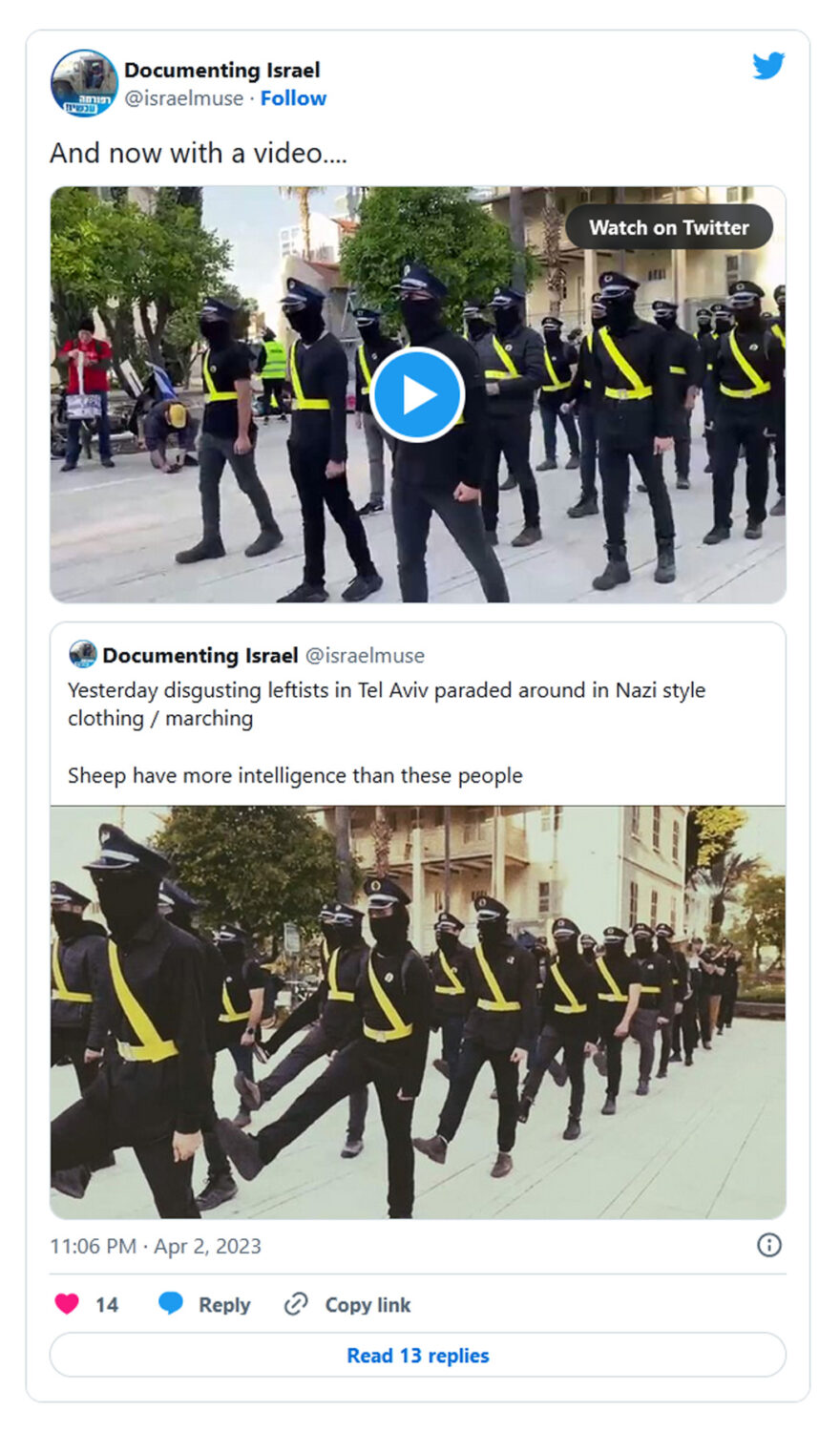 Documenting Israel-tweet-2april2023-Yesterday disgusting leftists in Tel Aviv paraded around in Nazi style clothing