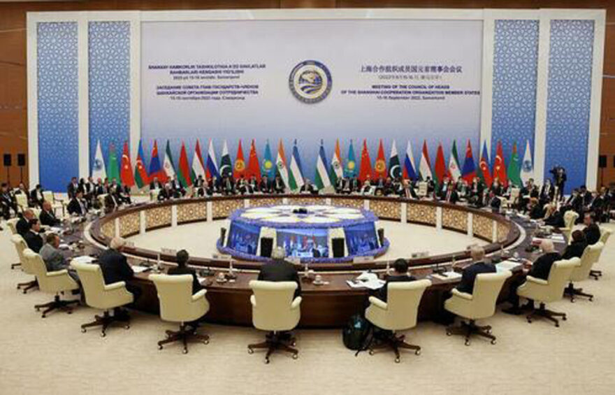 Participants of the Shanghai Cooperation Organization summit attend an extended-format meeting of heads of SCO member states in Samarkand, Uzbekistan 
