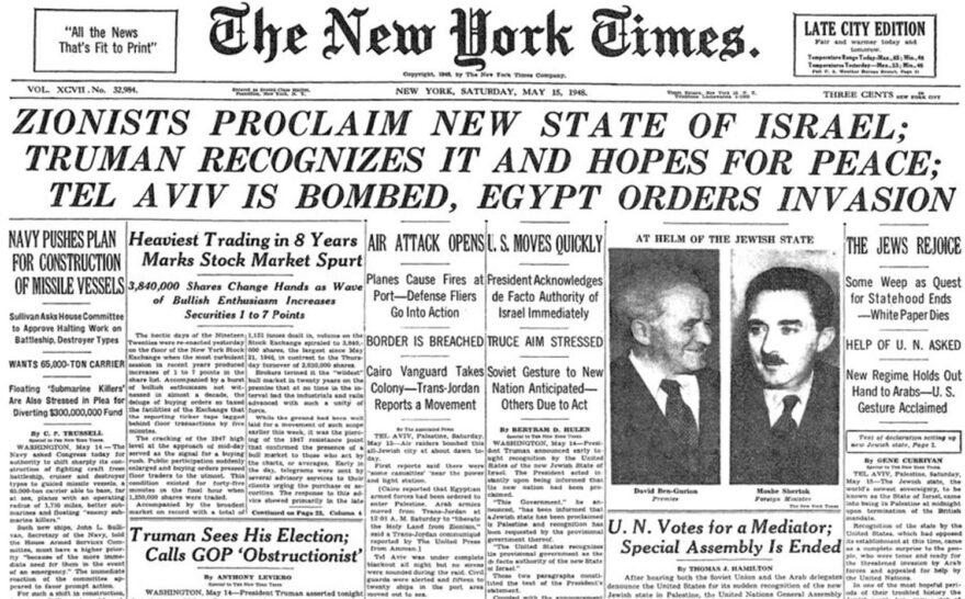 The front page New York Times in 1948 The state of Israel is created