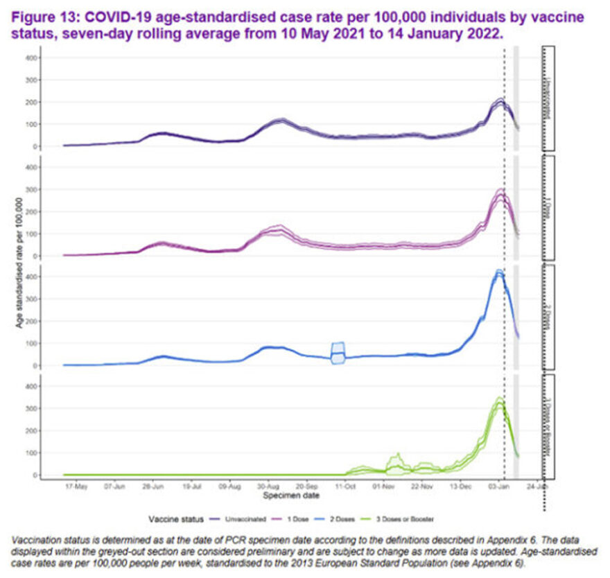 Covid-19 age-standardised case rate per 100000 individuals by vaccine status