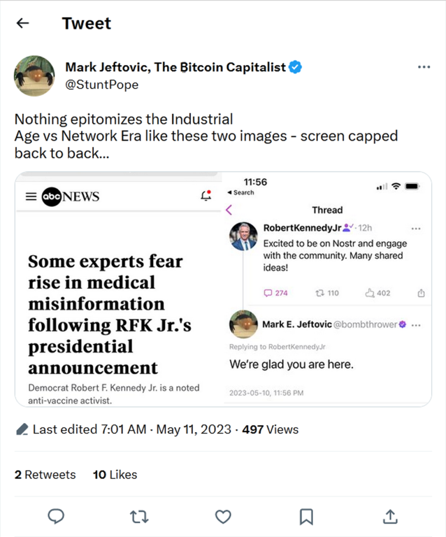 Mark Jeftovic, The ₿itcoin Capitalist-tweet-11May2023-Nothing epitomizes the Industrial Age vs Network Era