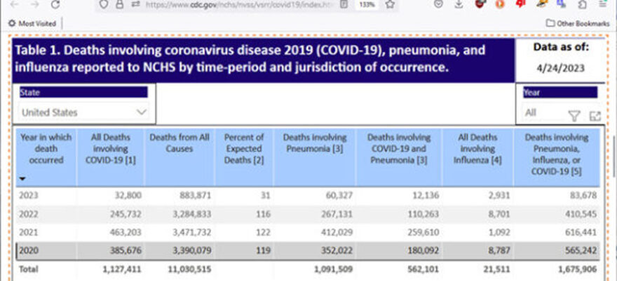 NCHS Table 1 Deaths involving Covid-19 pneumonia flu