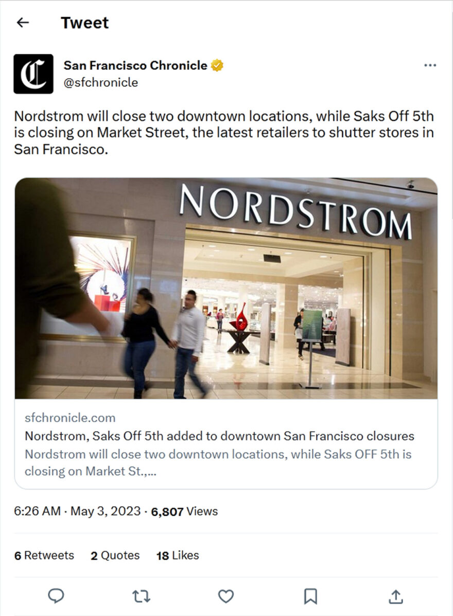 San Francisco Chronicle-tweet-03May2023-Nordstrom will close two downtown locations