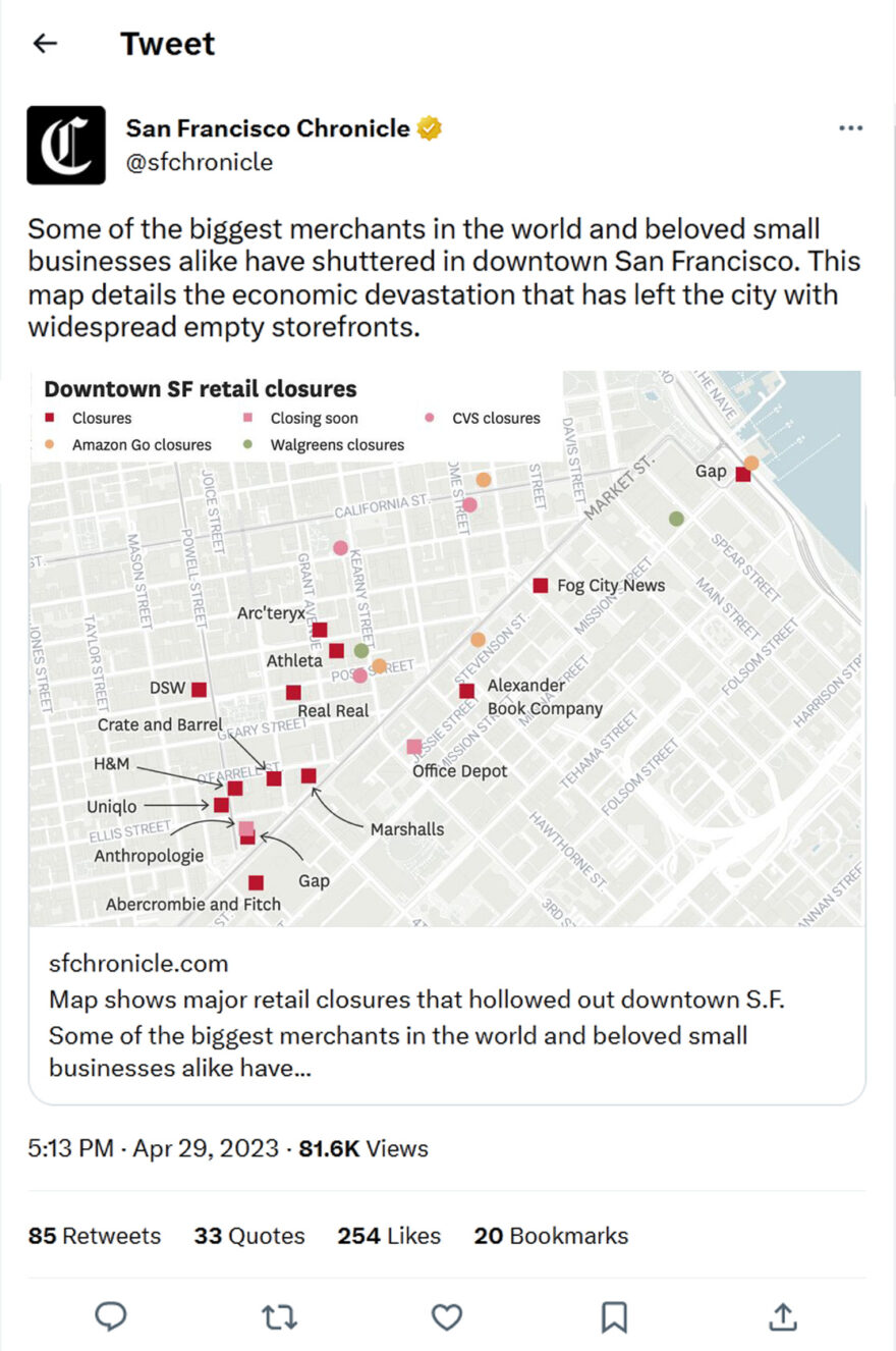 San Francisco Chronicle-tweet-29April2023-biggest merchants and beloved small businesses shuttered in downtown San Francisco